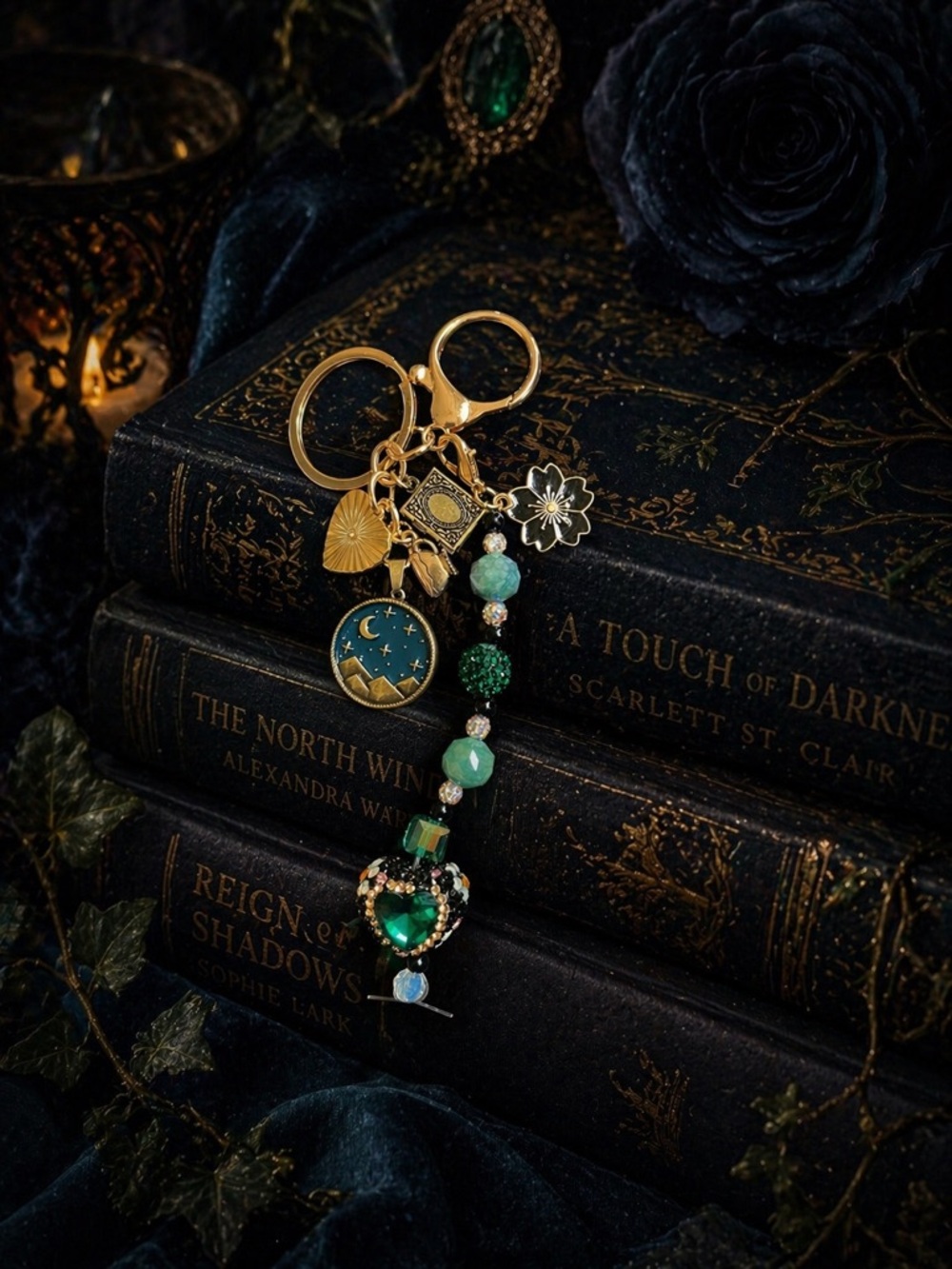 Gold and Emerald Charm Keychain with Celestial Pendant